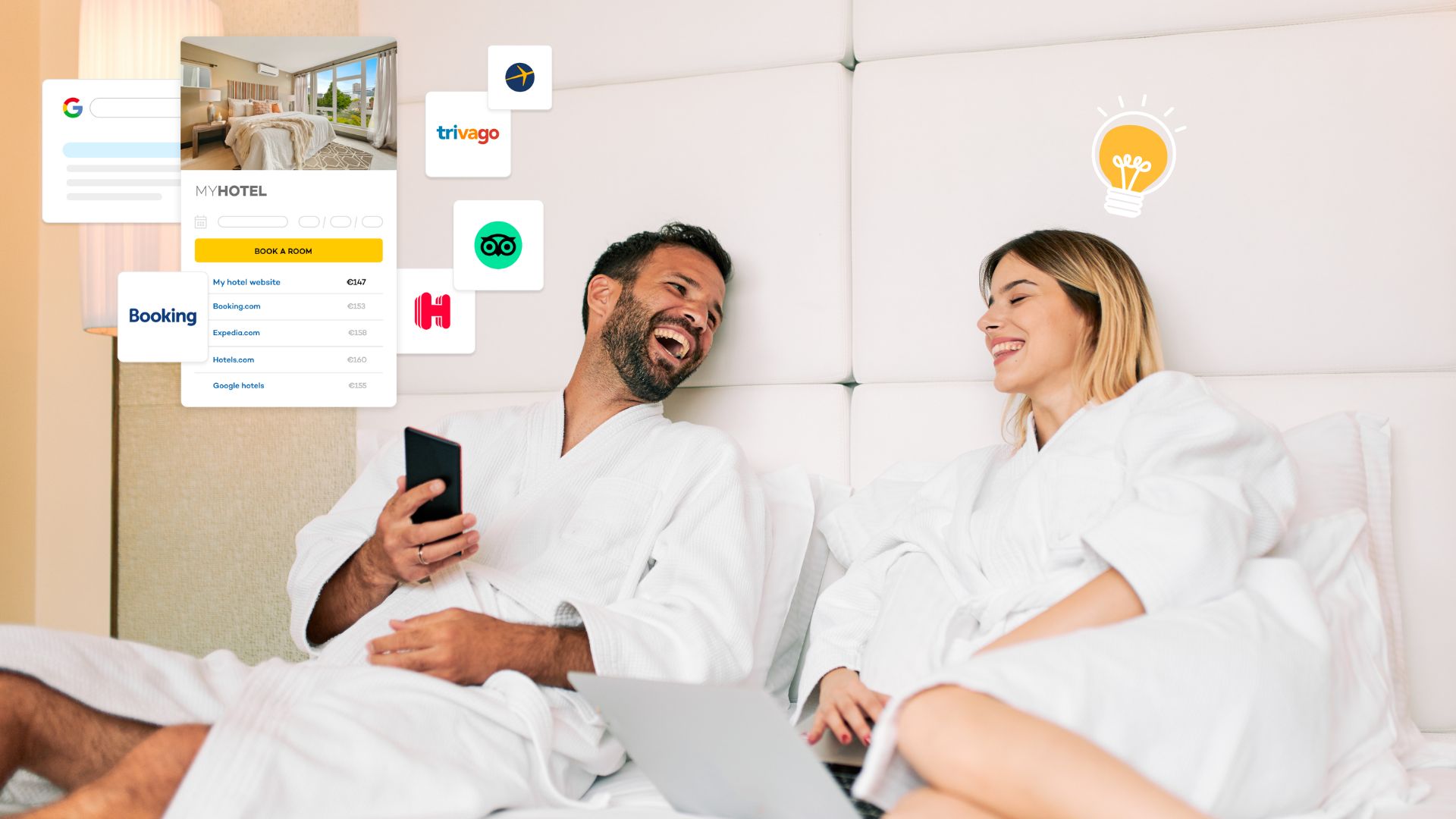 A couple is wearing white bathrobes on a purtih bed in a five-star hotel on the beach in bali is enjoying booking a hotel through a free and fast hotel booking application, one form of metasearch marketing