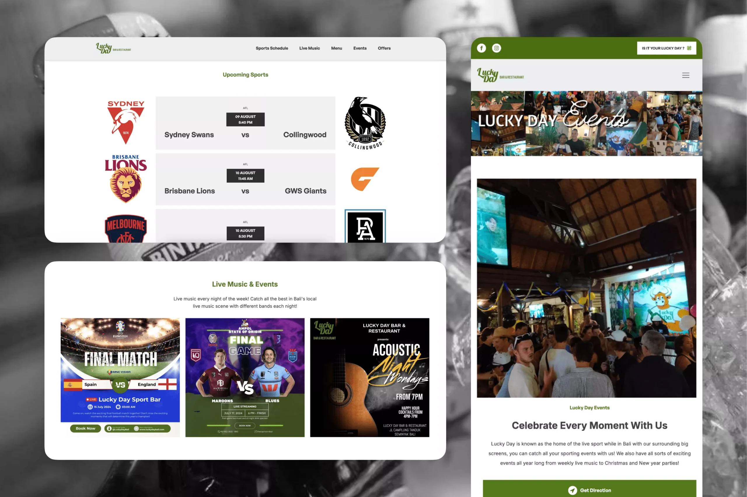 Satuvision Portfolio - Lucky Day - Responsive website design for sports bar and restaurant with live sport schedule system in Bali