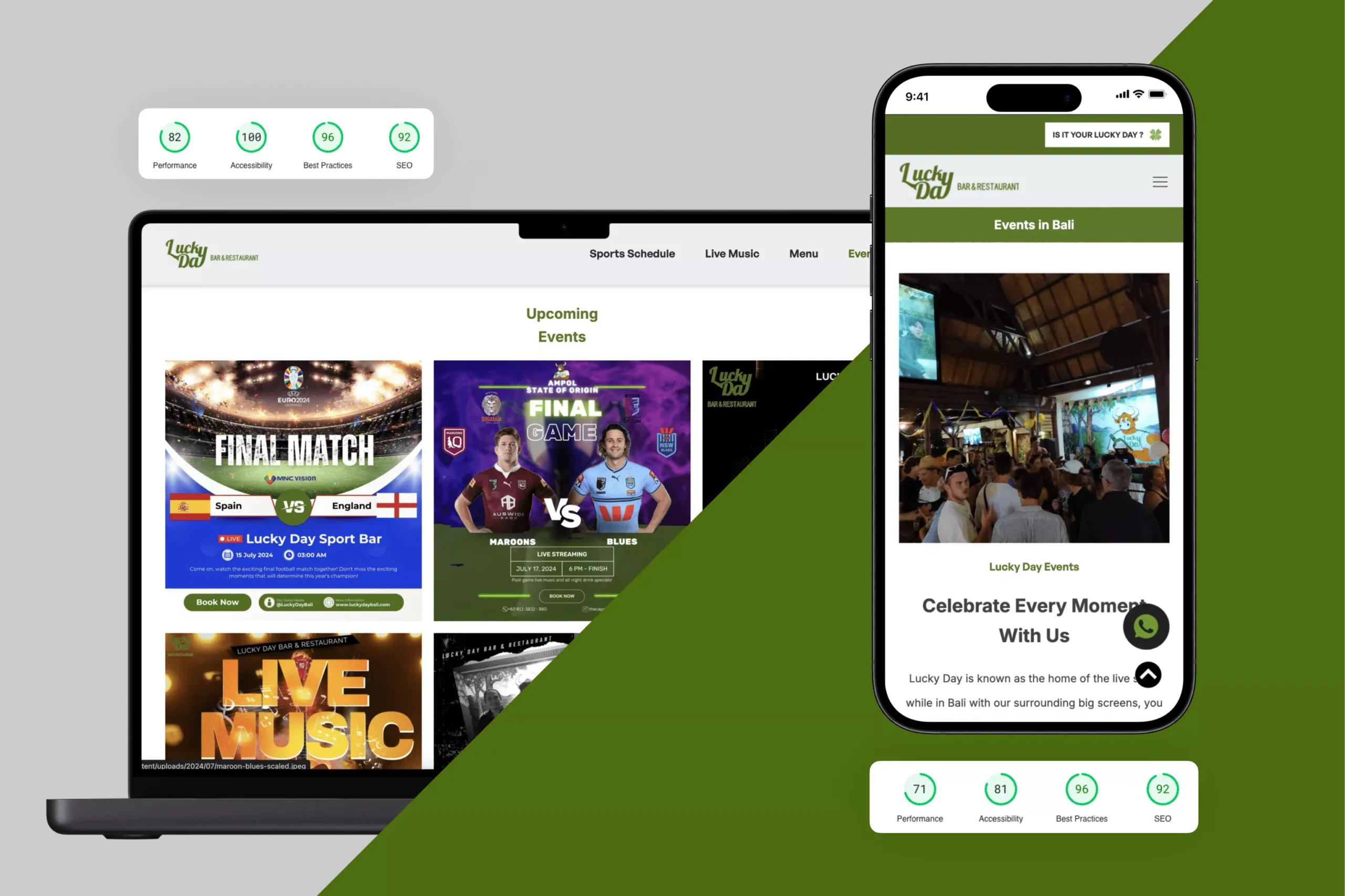 Satuvision Portfolio - Lucky Day - Responsive website design and development with live music, events, sport schedule on desktop and mobile