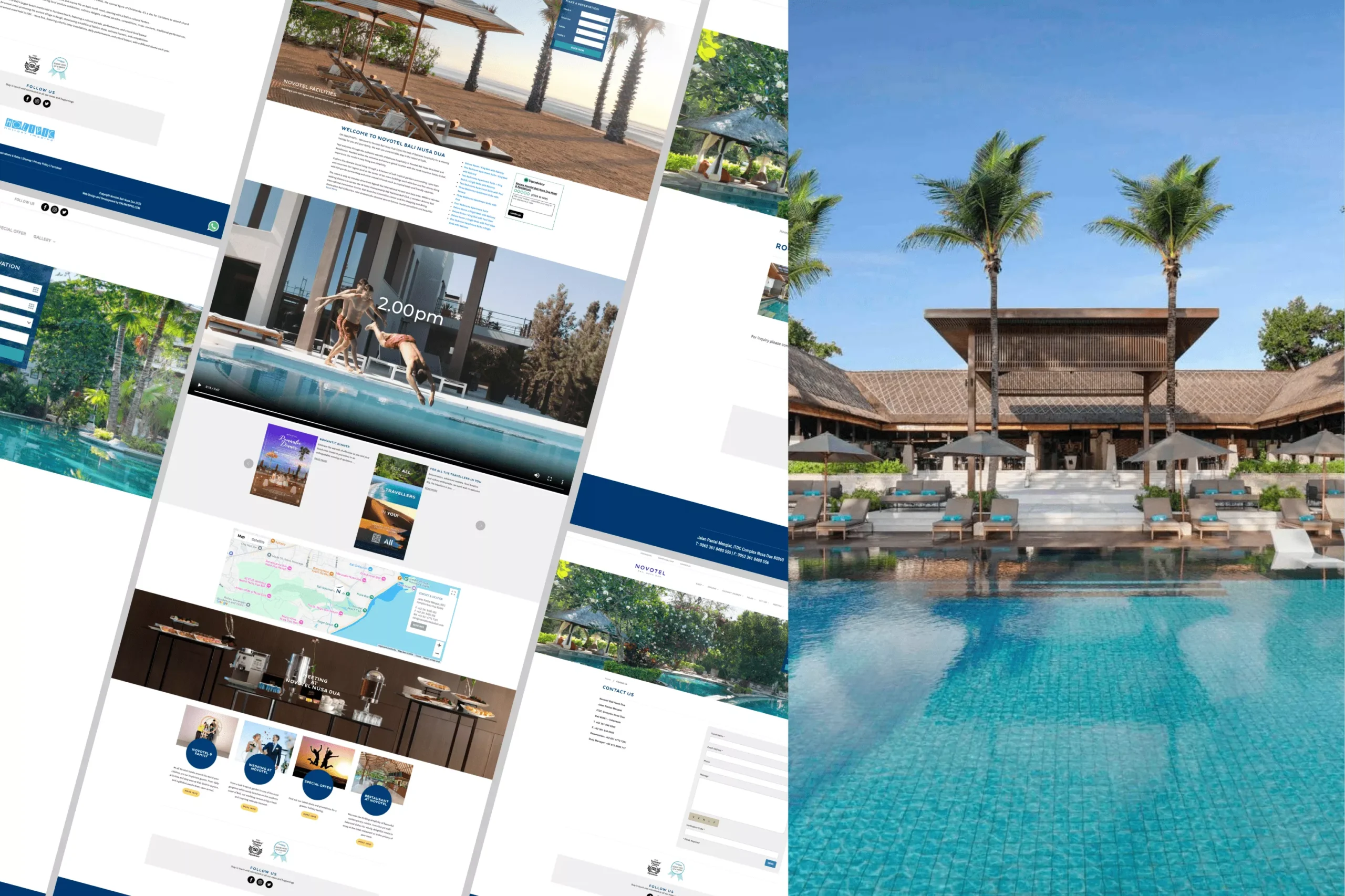 Satuvision Portfolio - Novotel Bali Nusa Dua - Website design collage of Novotel Bali Nusa Dua that highlights family-friendly features, meeting facilities, and dining options