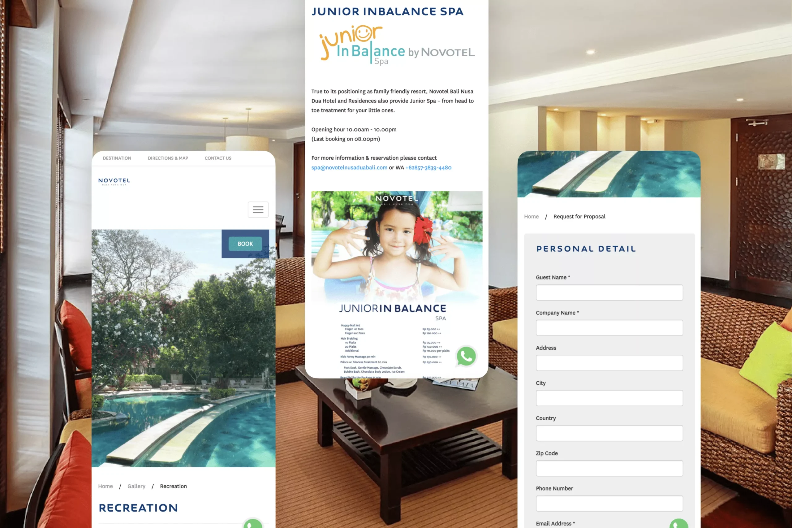 Satuvision Portfolio - Novotel Bali Nusa Dua - Responsive website design of luxurious accommodations, tropical gardens, lagoon pool, and proximity to Bali’s top attractions on mobile view