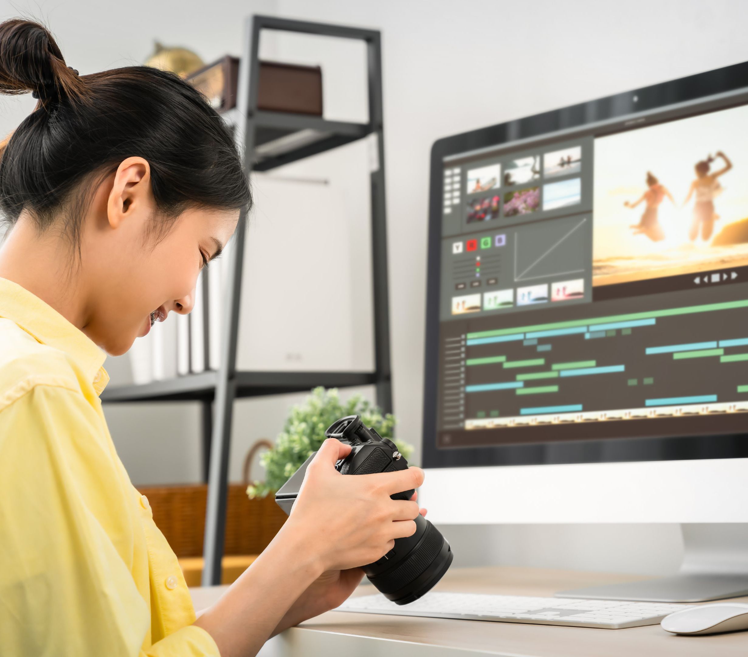 Female videographer reviewing video footage on DSLR camera with computer displaying editing process