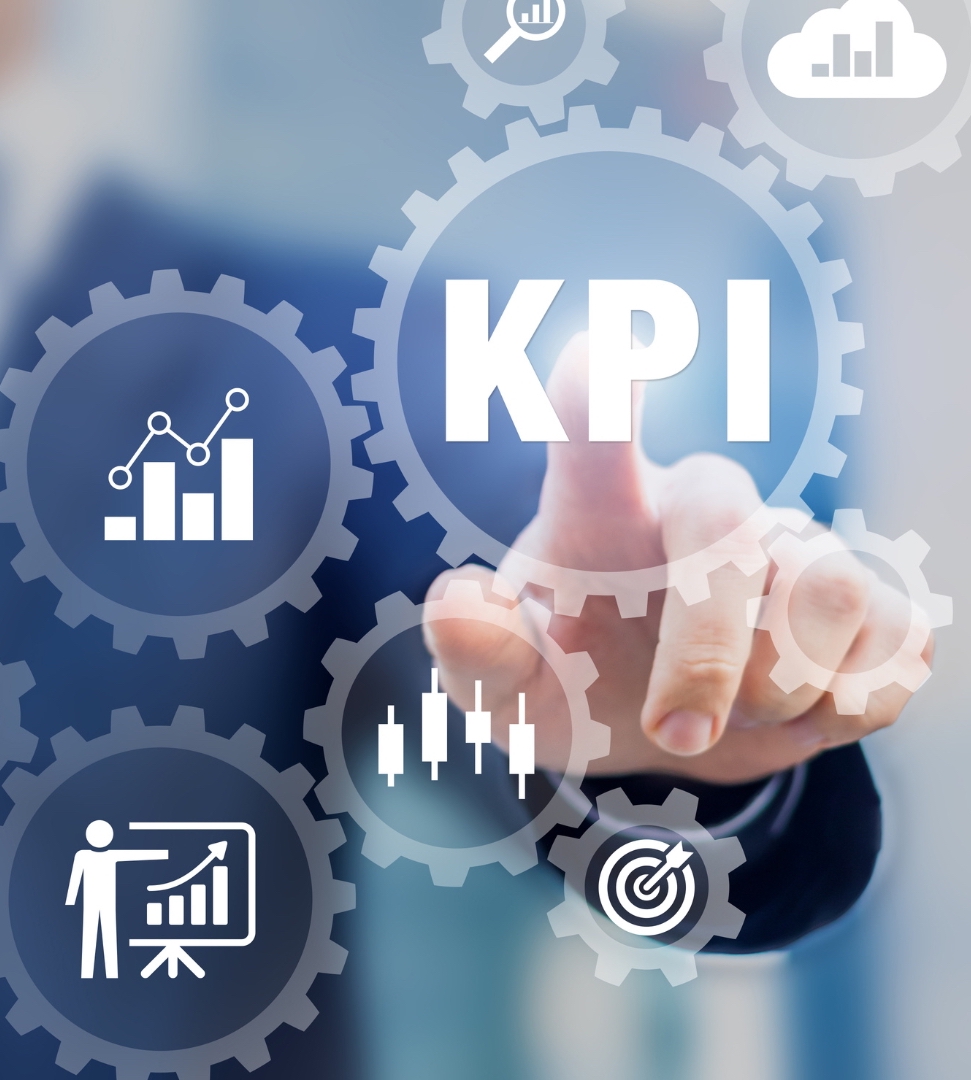 Hand of male digital media analyst surrounded by KPI-related icons
