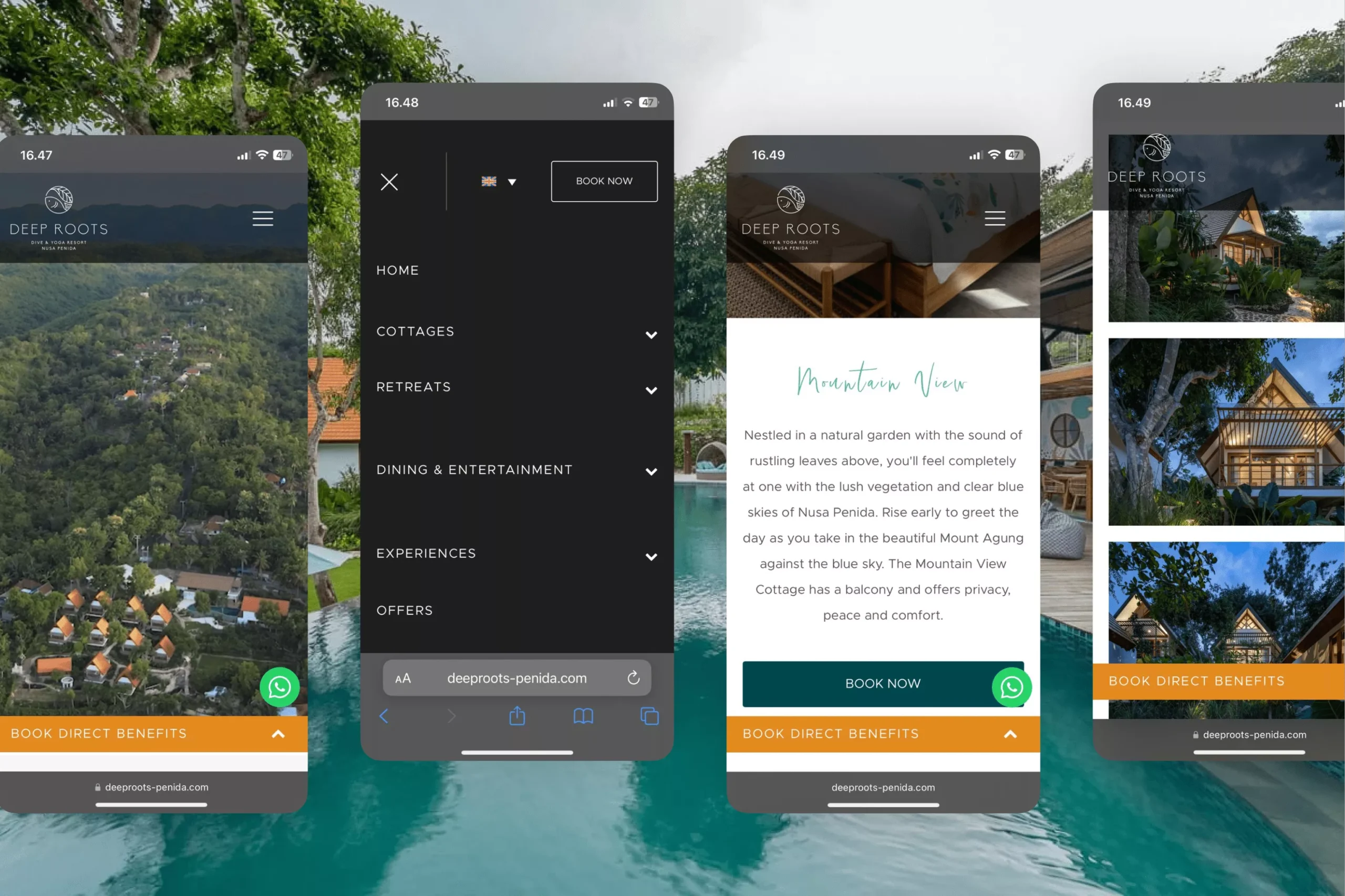 Satuvision Portfolio - Deep Roots Nusa Penida - Responsive WordPress website for ultimate barefoot luxury resort in Nusa Penida, Bali complete with booking feature on mobile device