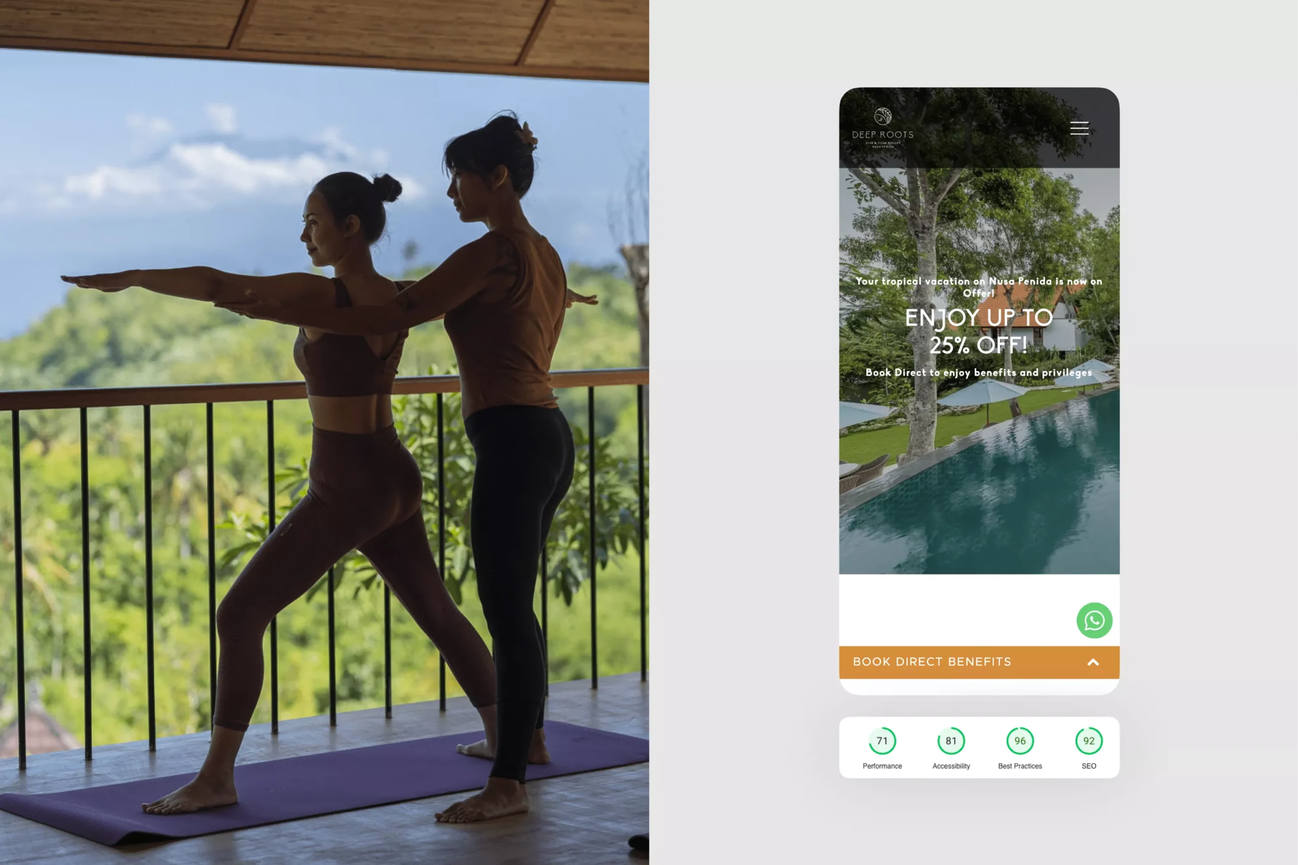 Satuvision Portfolio - Deep Roots Nusa Penida - WordPress website speed optimization for ultimate barefoot luxury resort in Nusa Penida, Bali on mobile device