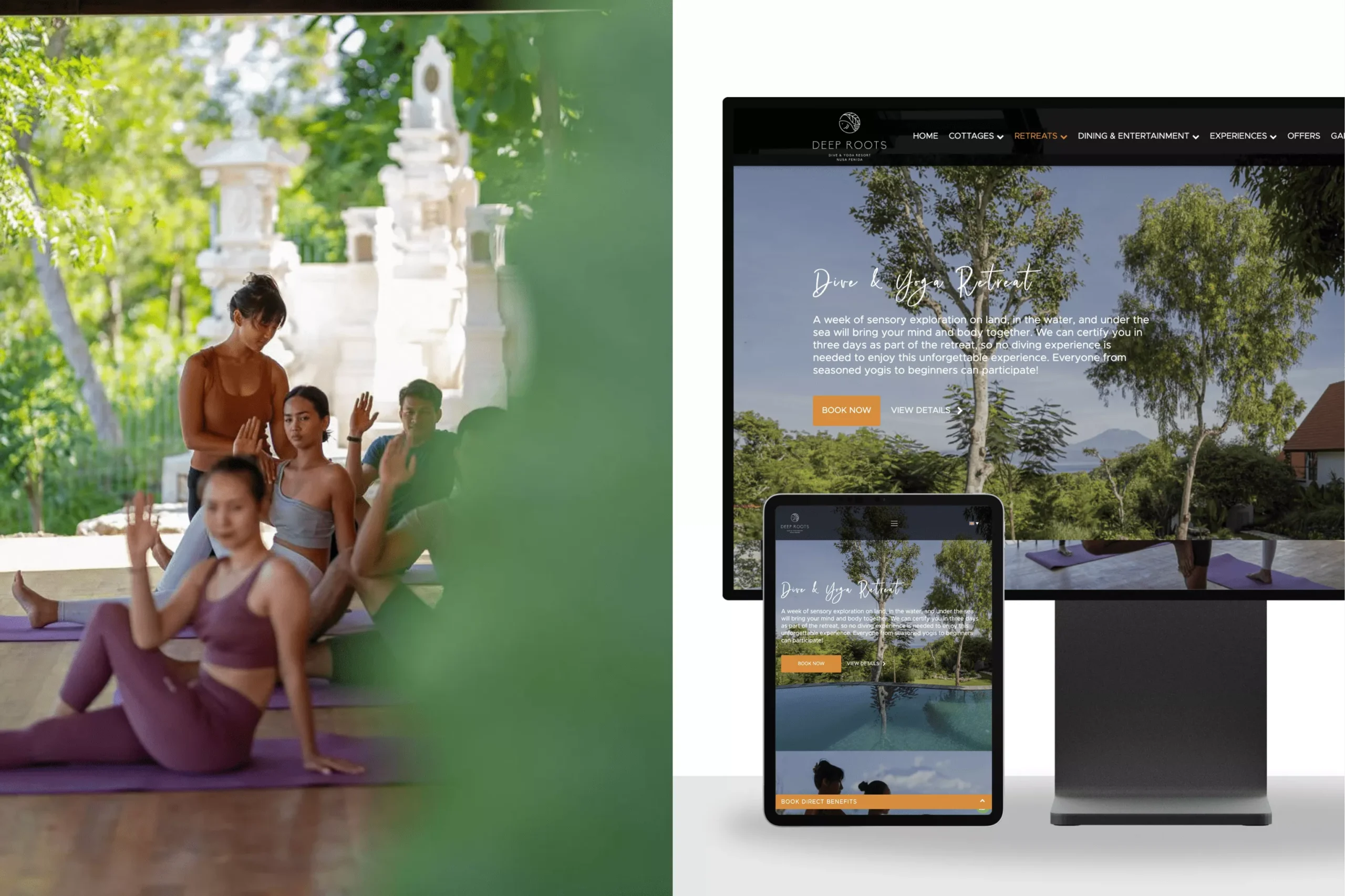 Satuvision Portfolio - Deep Roots Nusa Penida - Responsive WordPress website for ultimate barefoot luxury resort in Nusa Penida, Bali on desktop and tablet device