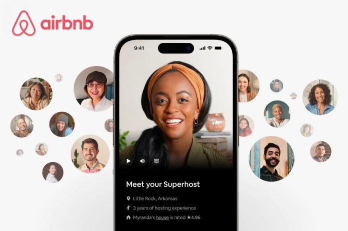 Smartphone displaying details of a female Airbnb renter surrounded by other renters' faces on a white background