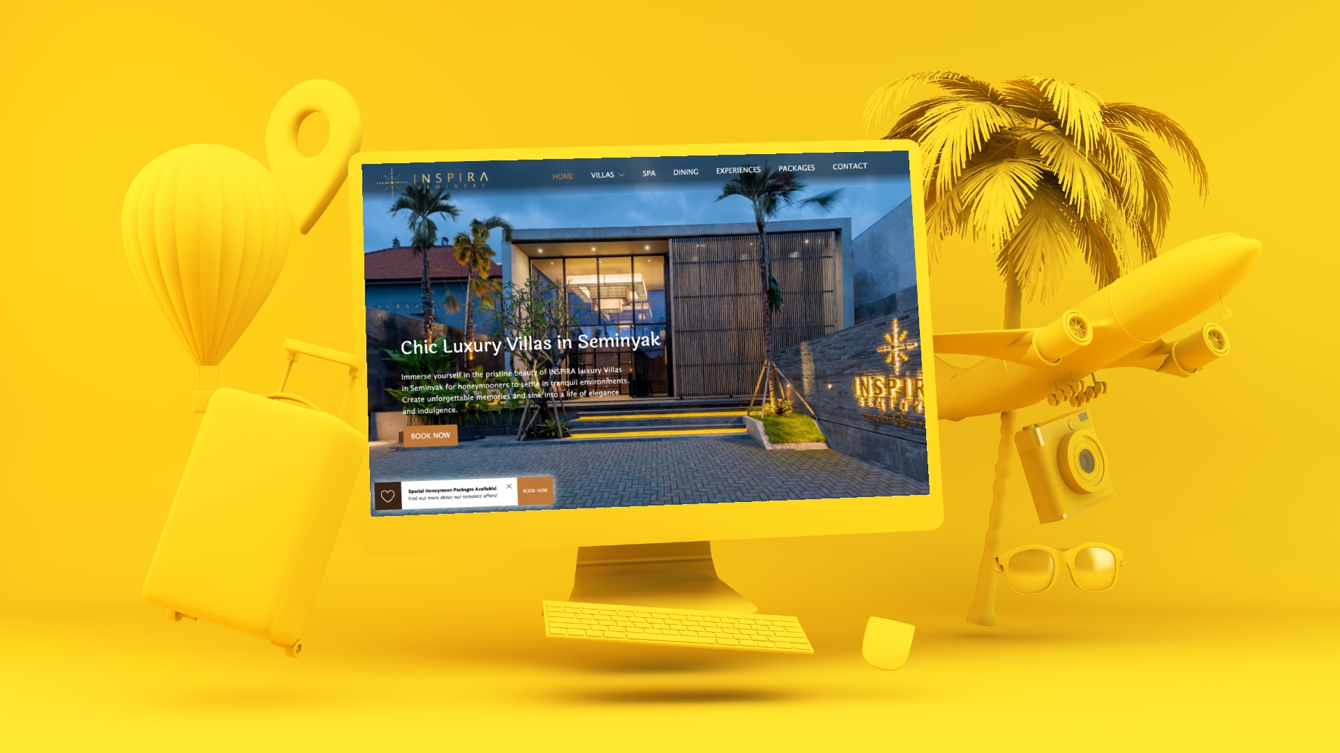 A comuter with Inspira website design with bright yellow background