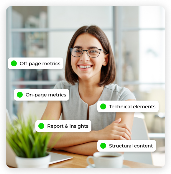 Female client smiling, satisfied with SEO audit results