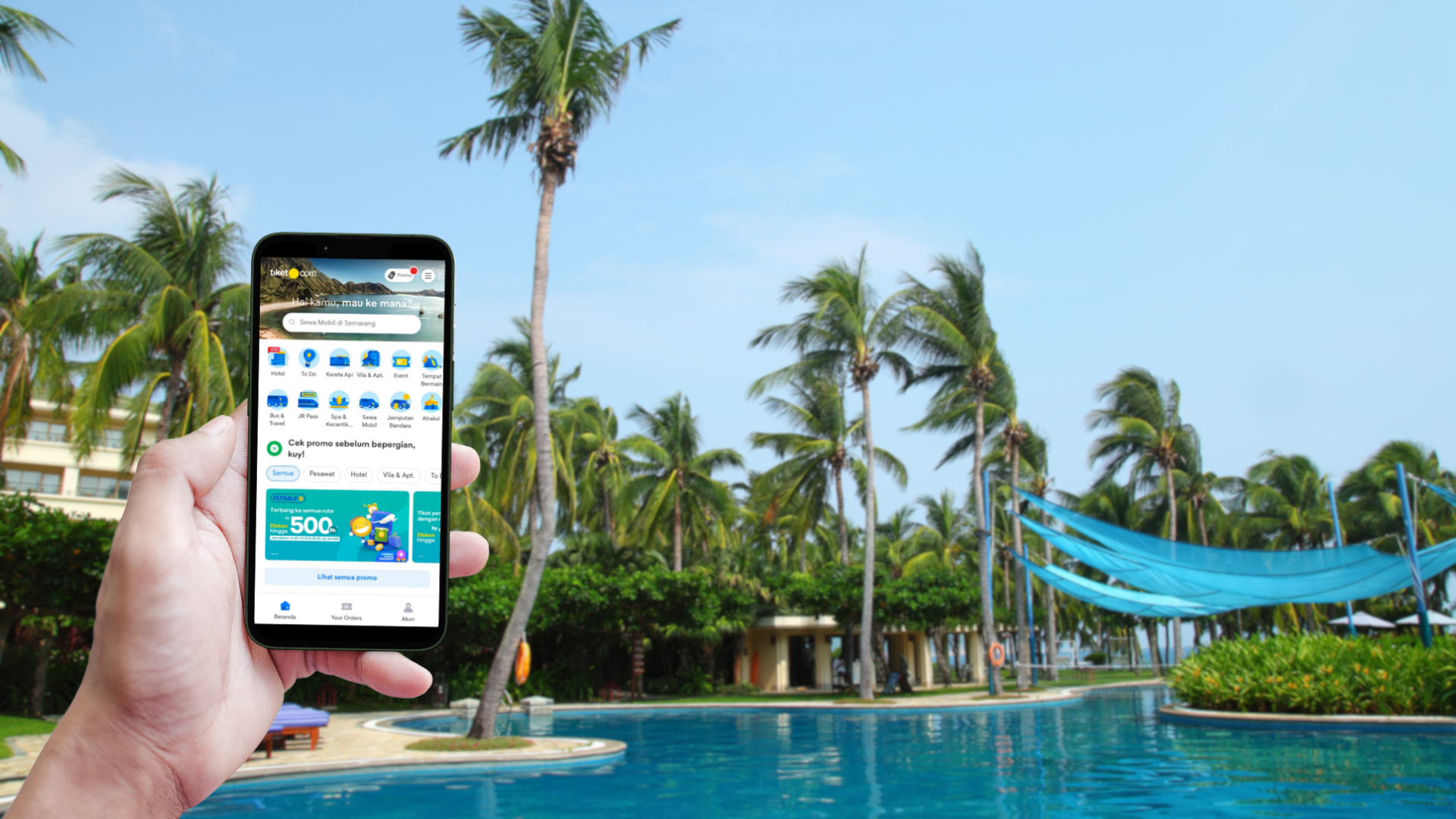 Male traveler holding a smartphone displaying Tiket.com application on the hotel pool