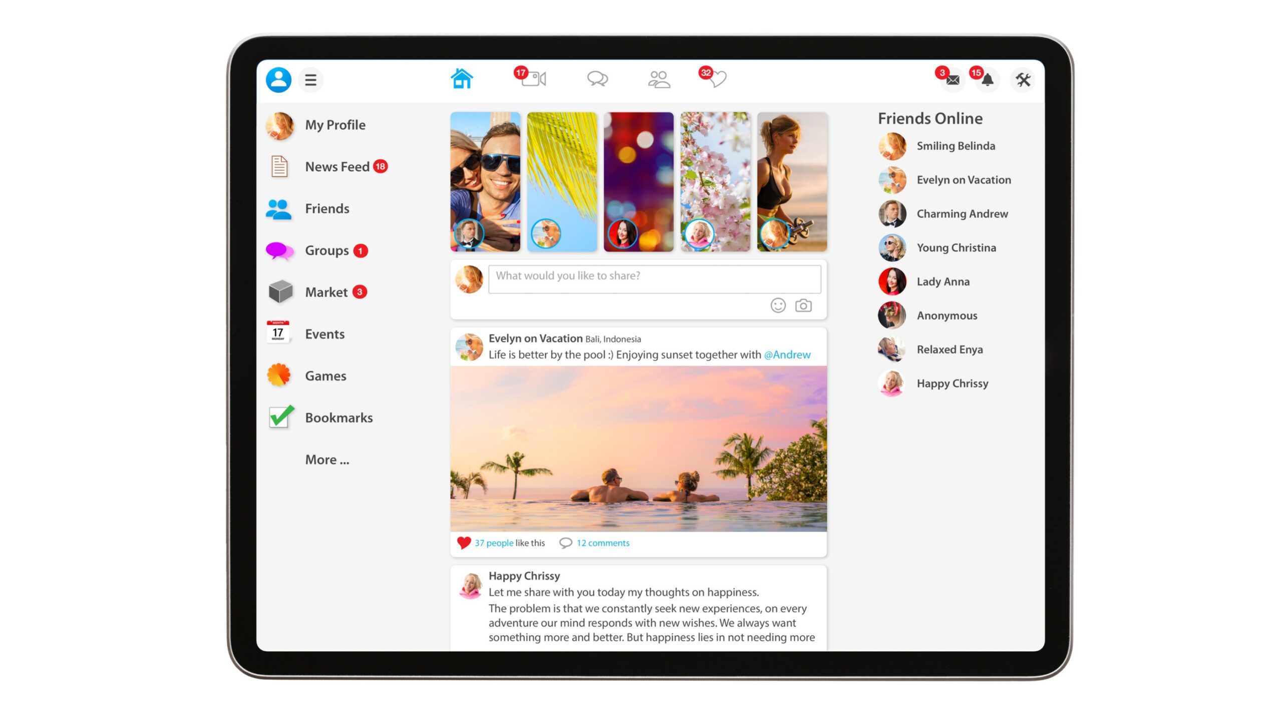 Tablet frame displaying social media Facebook interface
