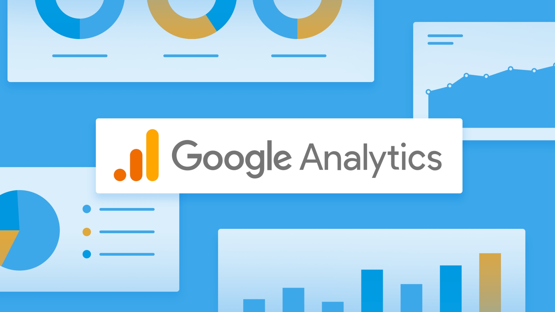 google analytics setup service logo in the middle and analytic element around it with blue background