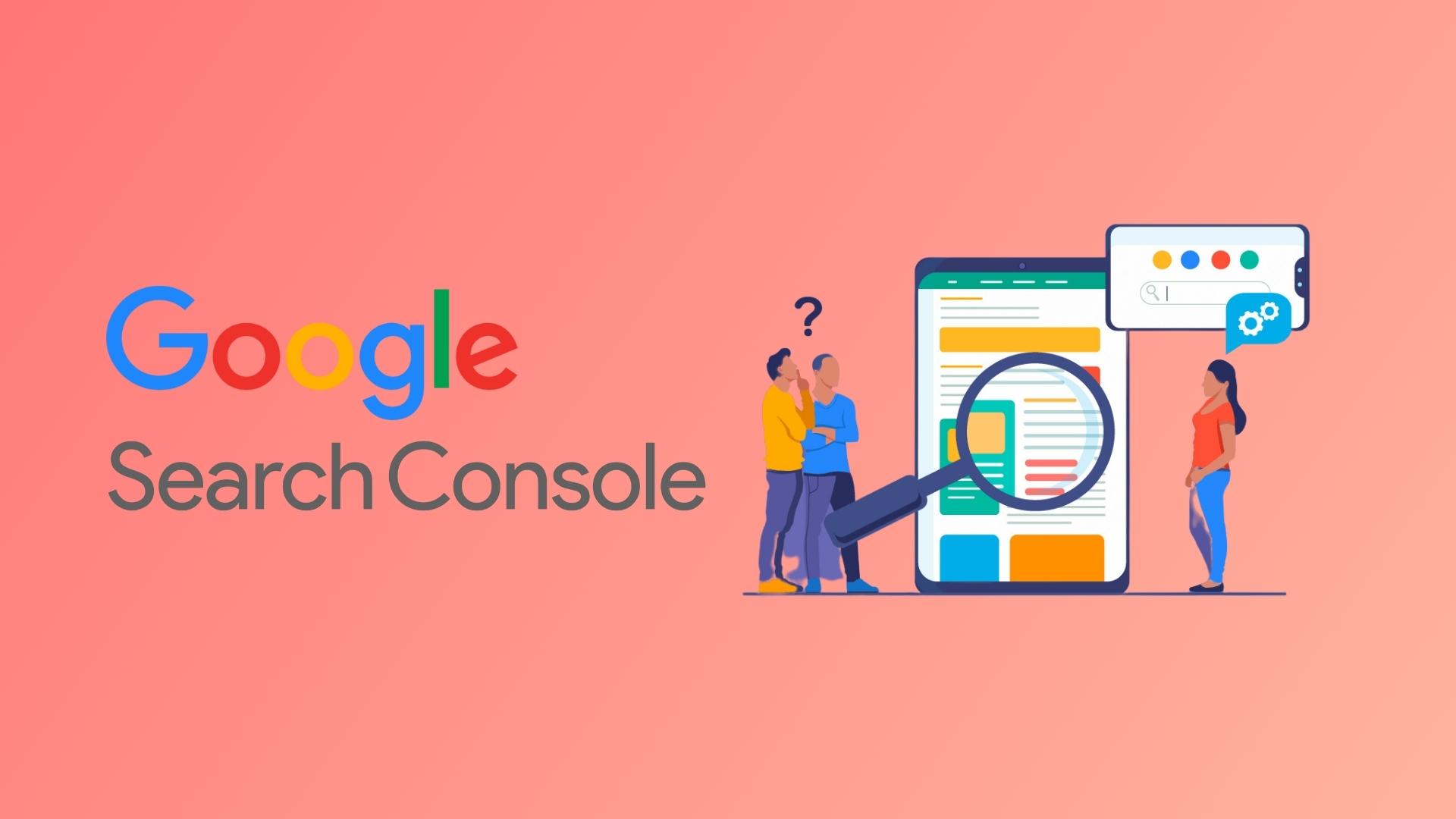 google search console logo icon on the left side and the illustration on the right side as the symbolize of google search console setup service
