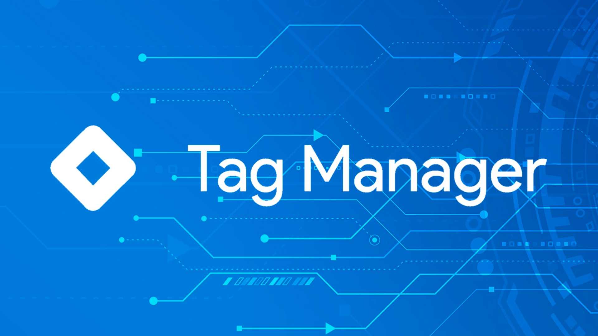 google tag manager services logo in white with blue background and technology element on it