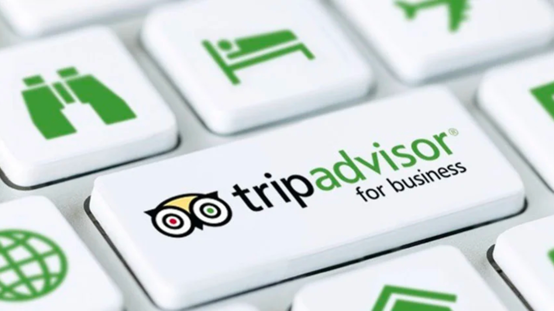 tripadvisor logo on the white keyboard and hotel amenities icons in green color around it