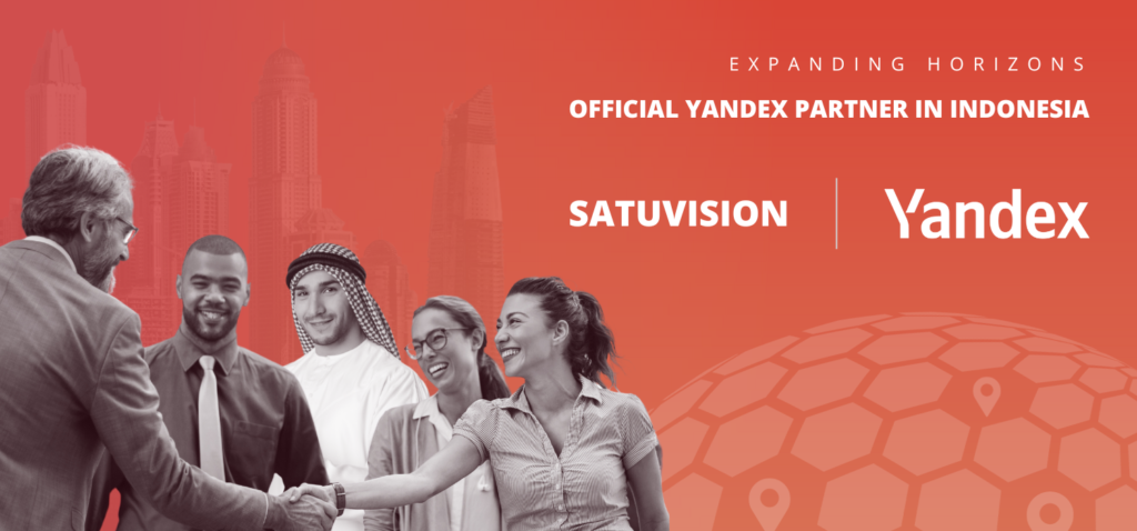 Business people handshake as a symbol of global partner, with the text on the right that talk about yandex partnership with satuvision. City landscape and orange gradient as a background