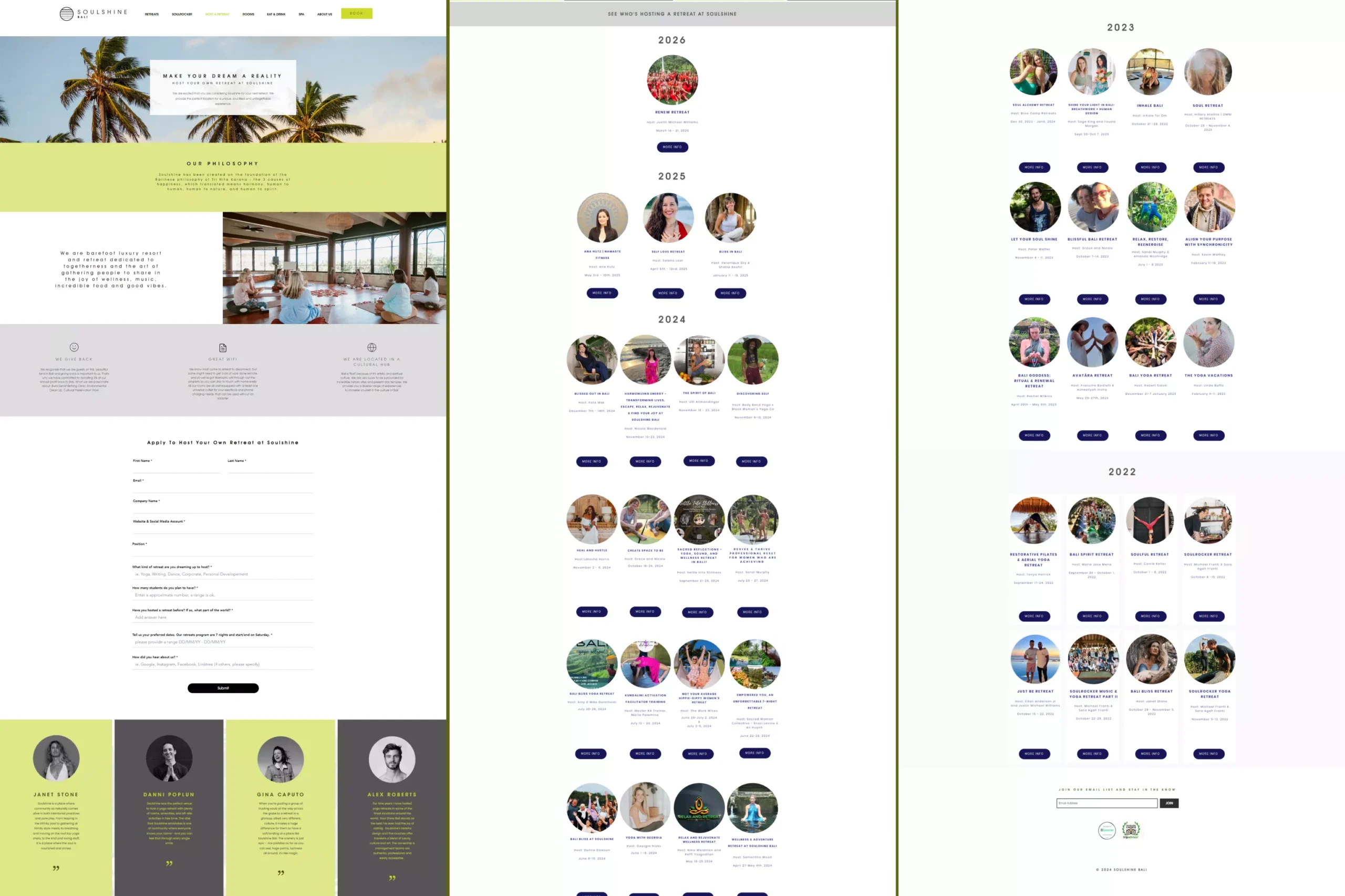 Satuvision Portfolio - Soulshine Bali - Wellness resort website section collage using Wix complete with booking feature