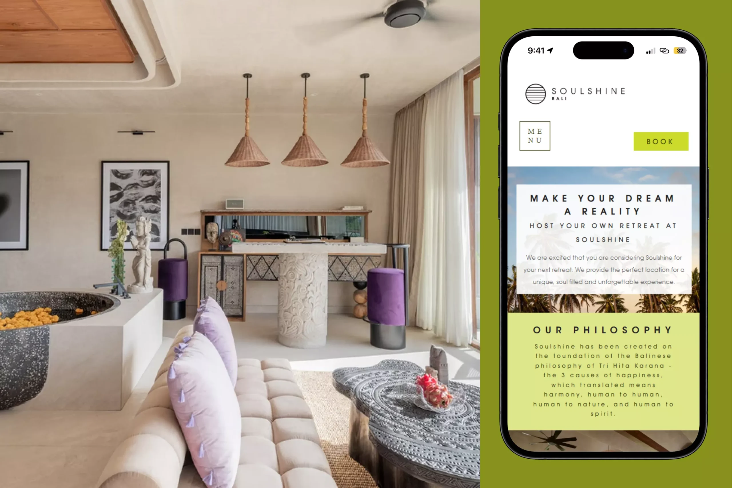 Satuvision Portfolio - Soulshine Bali - Responsive website for wellness resort in Bali on mobile device