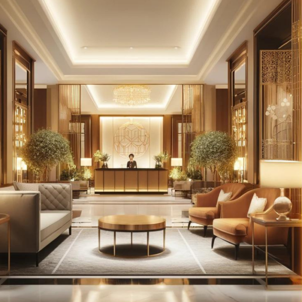 A lobby of a luxury hotel with gold interior as part of showcasing What Is The Target Market For Luxury Hotels?