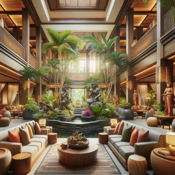A luxury hotel lobby with elegant and charming design as part of the luxury hotel marketing. 