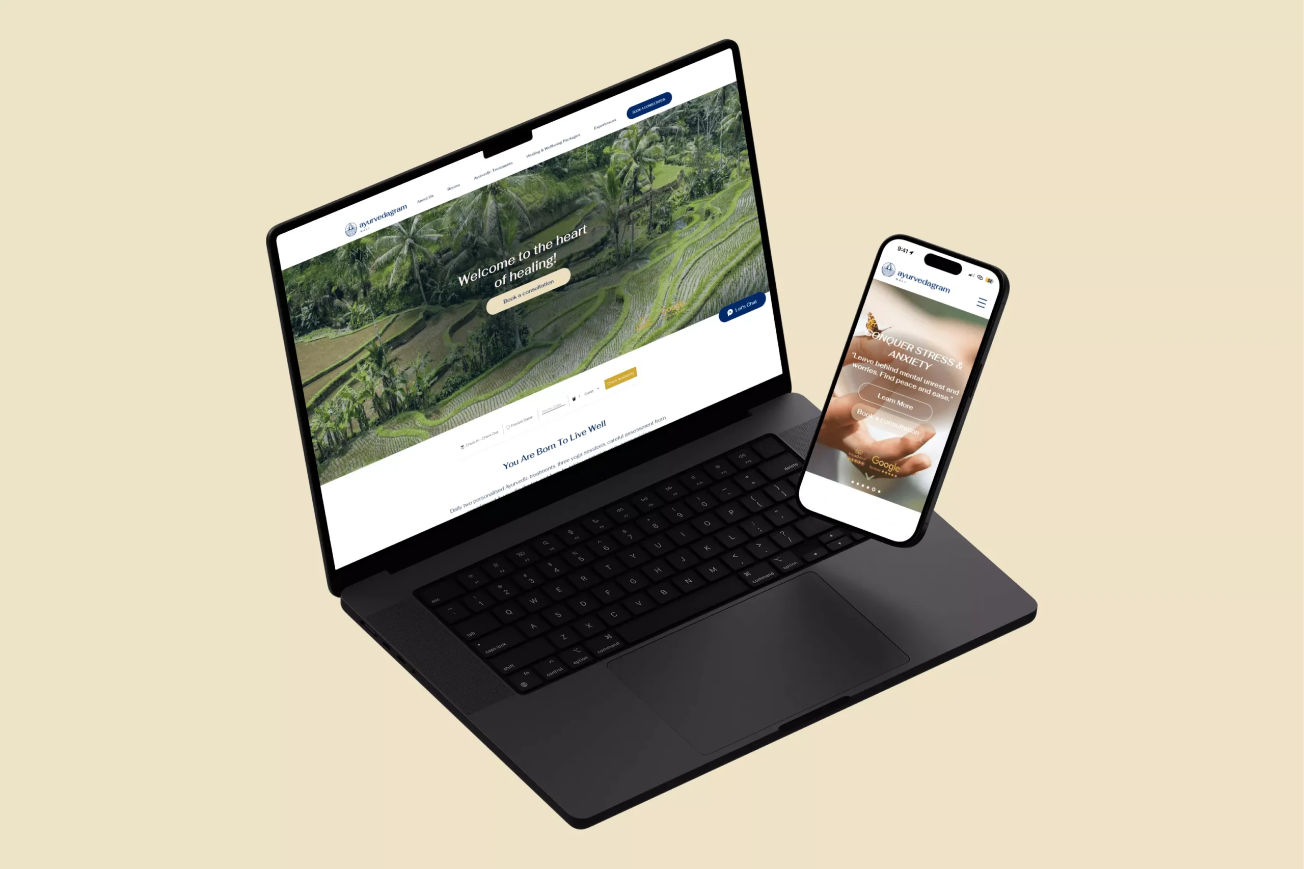 Satuvision Portfolio - Ayurvedagram Bali - Responsive Wix website for holistic healing resort website in Ubud, Bali on laptop and phone