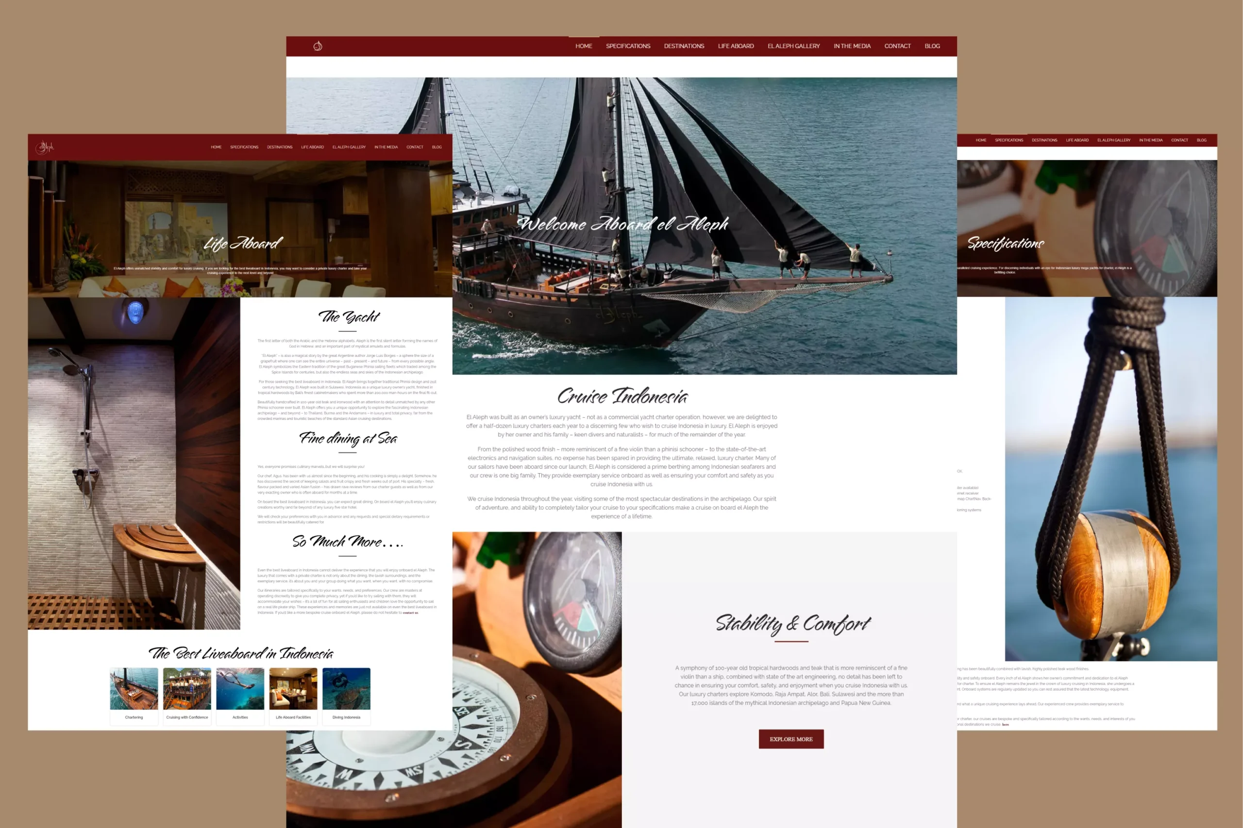 Satuvision Portfolio - El Aleph - Website design collage of El Aleph, featuring luxury yacht charters in Indonesia with services including SEO and Google advertising