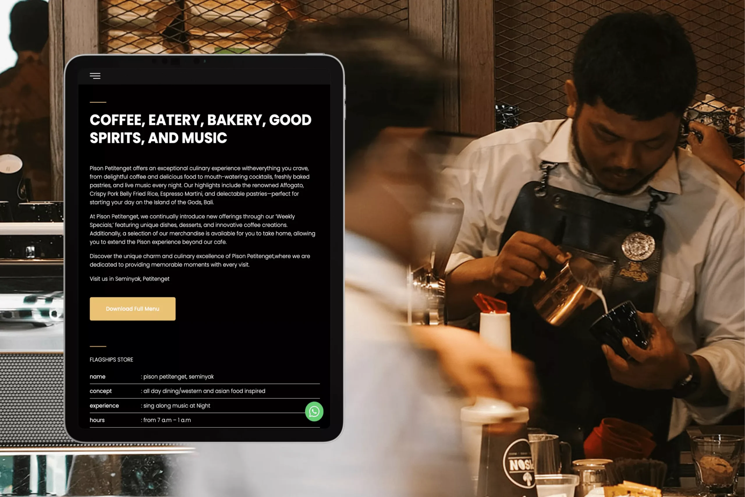 Satuvision Portfolio - Pison Indonesia - Responsive WordPress website for modern restaurant in Ubud, Bali on tablet device