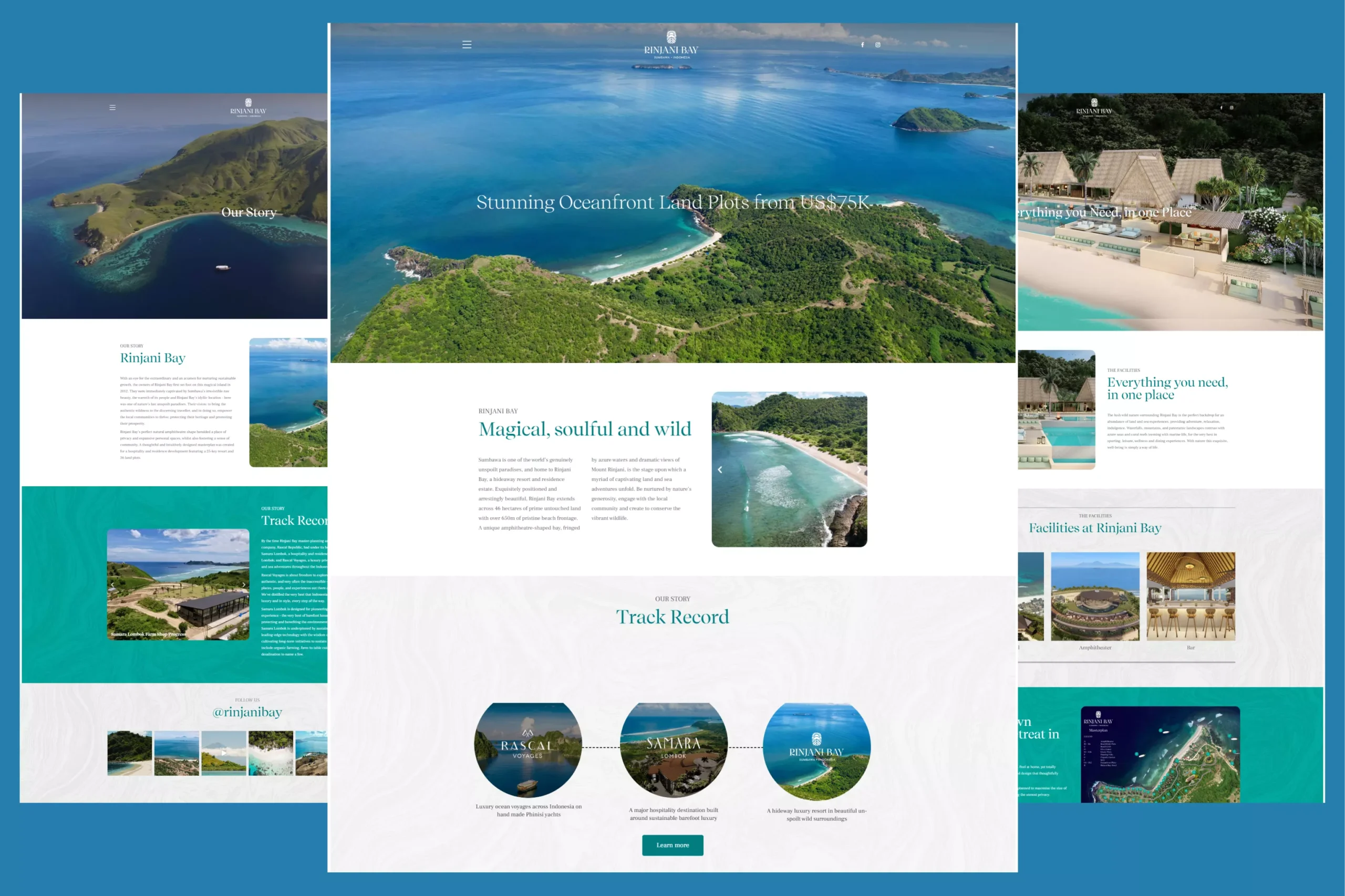 Satuvision Portfolio - Rinjani Bay - Collage of website design with serene beachfront views, luxurious resort facilities, and natural beauty of Rinjani Bay