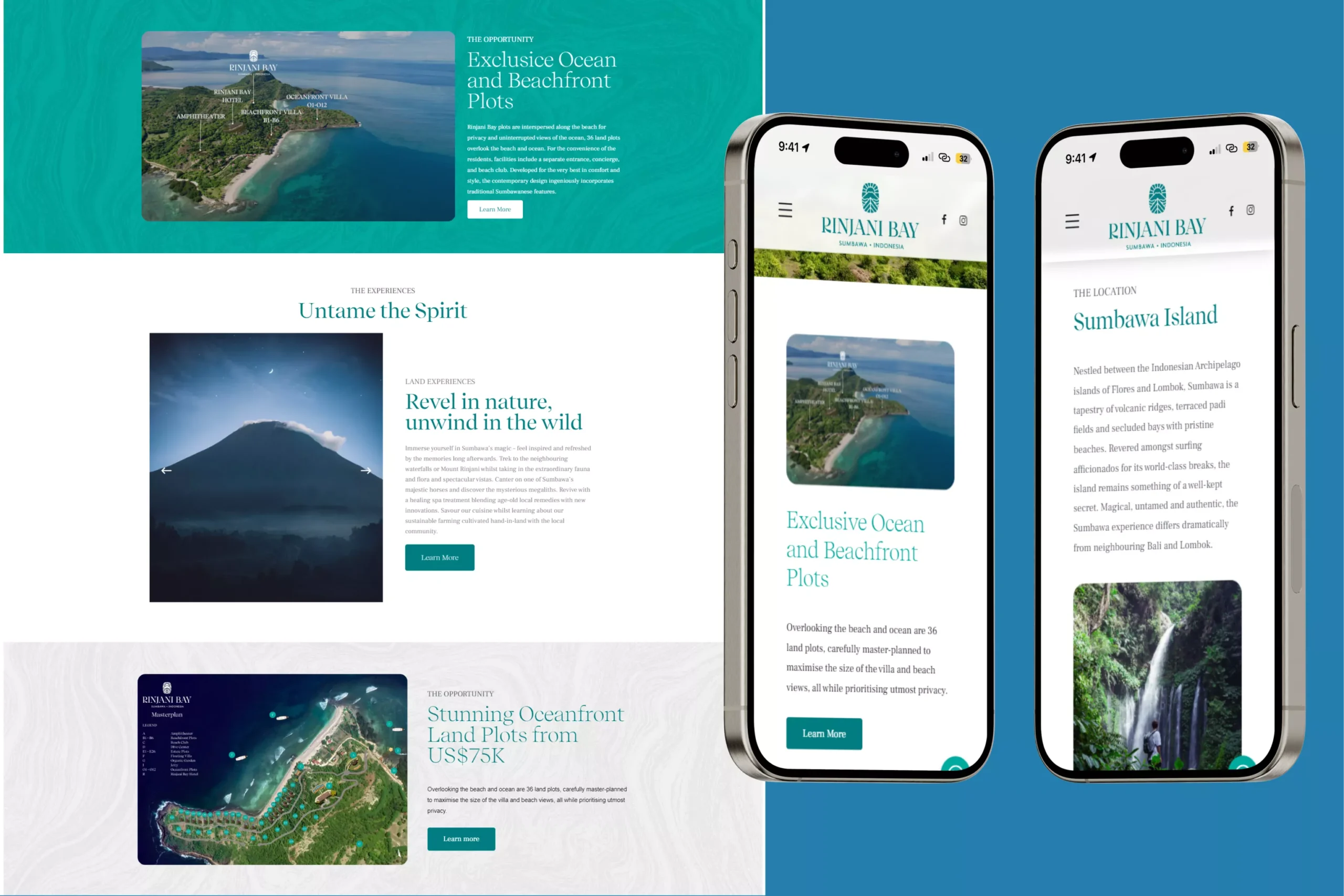 Satuvision Portfolio - Rinjani Bay - Mobile view of Rinjani Bay's exclusive ocean and beachfront plots website design and responsive