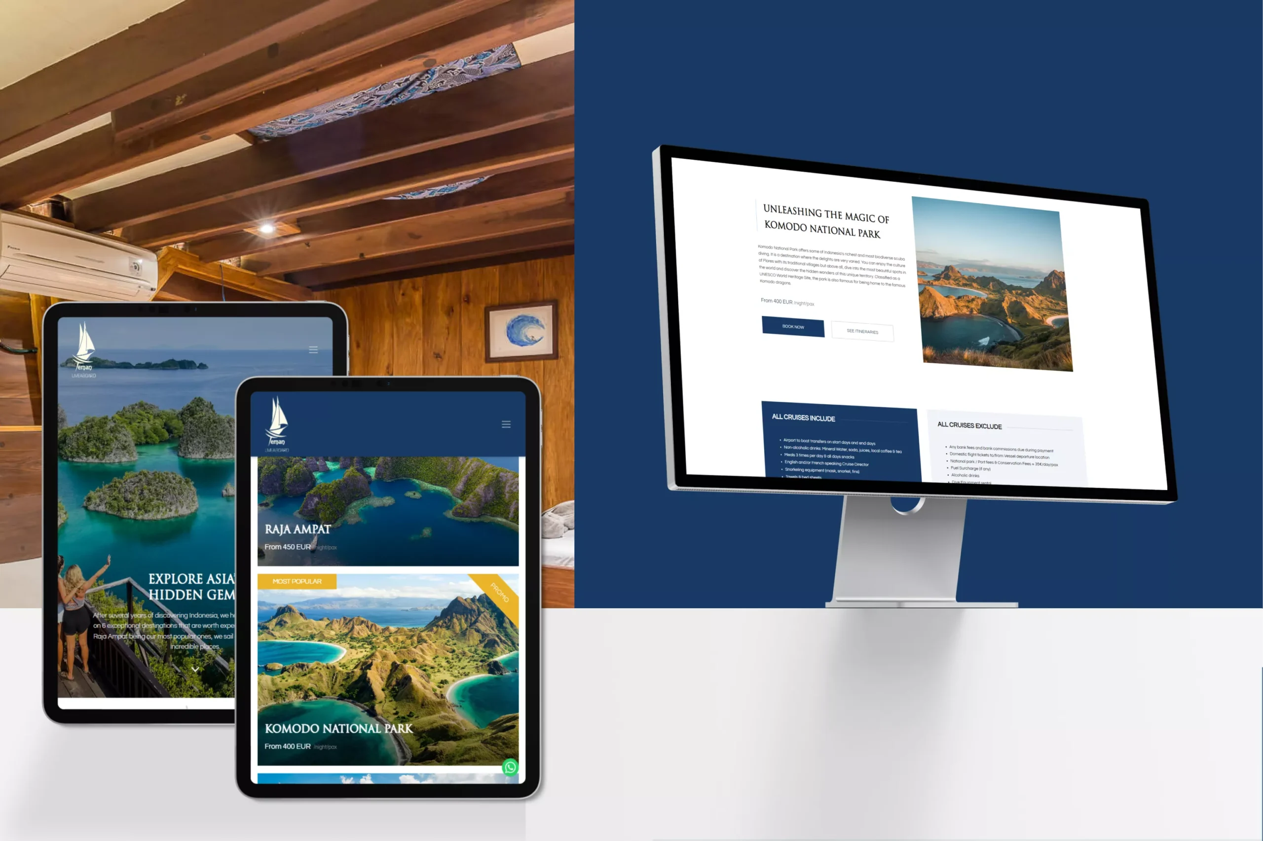 Satuvision Portfolio - Teman Livieaboard - Desktop and tablet view of Teman Liveaboard’s website highlighting luxury cruises for diving and snorkeling, with services including website creation